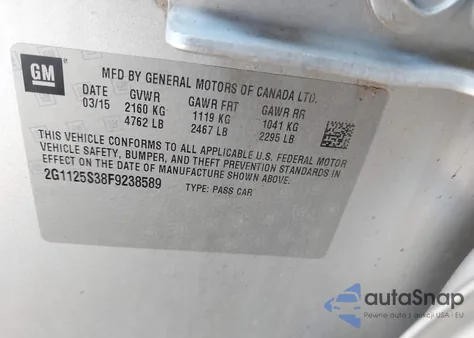 2015 Chevrolet Impala 2Lt из США, поврежденный, VIN 2G1125S38F9238589